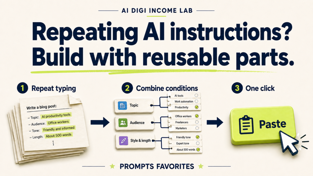 Illustrated workflow: turn repeated AI instructions into reusable conditions, then paste with one click