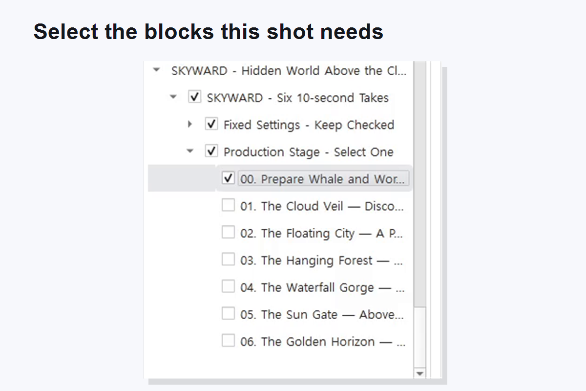 A hierarchical command tree with reusable video prompt blocks and one selected production-stage option.