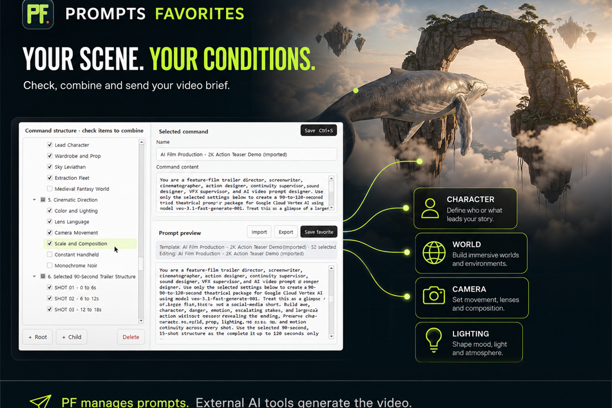 A PROMPTS FAVORITES workflow connecting character, world, camera, and lighting conditions to a combined AI video brief.