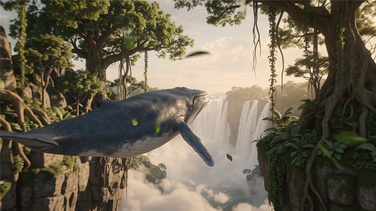 A consistent gray sky whale in a stable fantasy environment, illustrating the Character block
