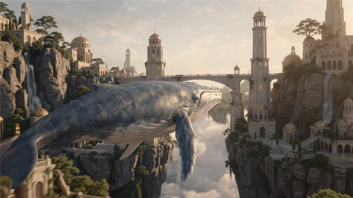 A gray sky whale moving through a defined floating-city world at sunrise