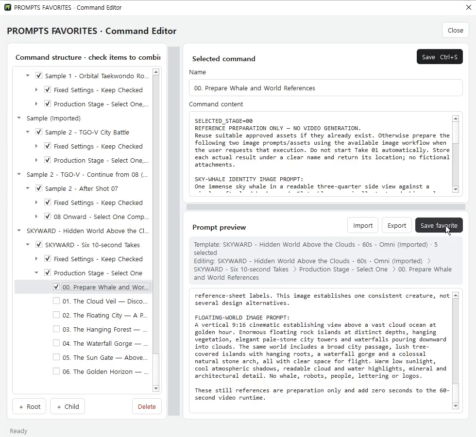 A Windows command editor organizing selectable instruction blocks and a combined preview