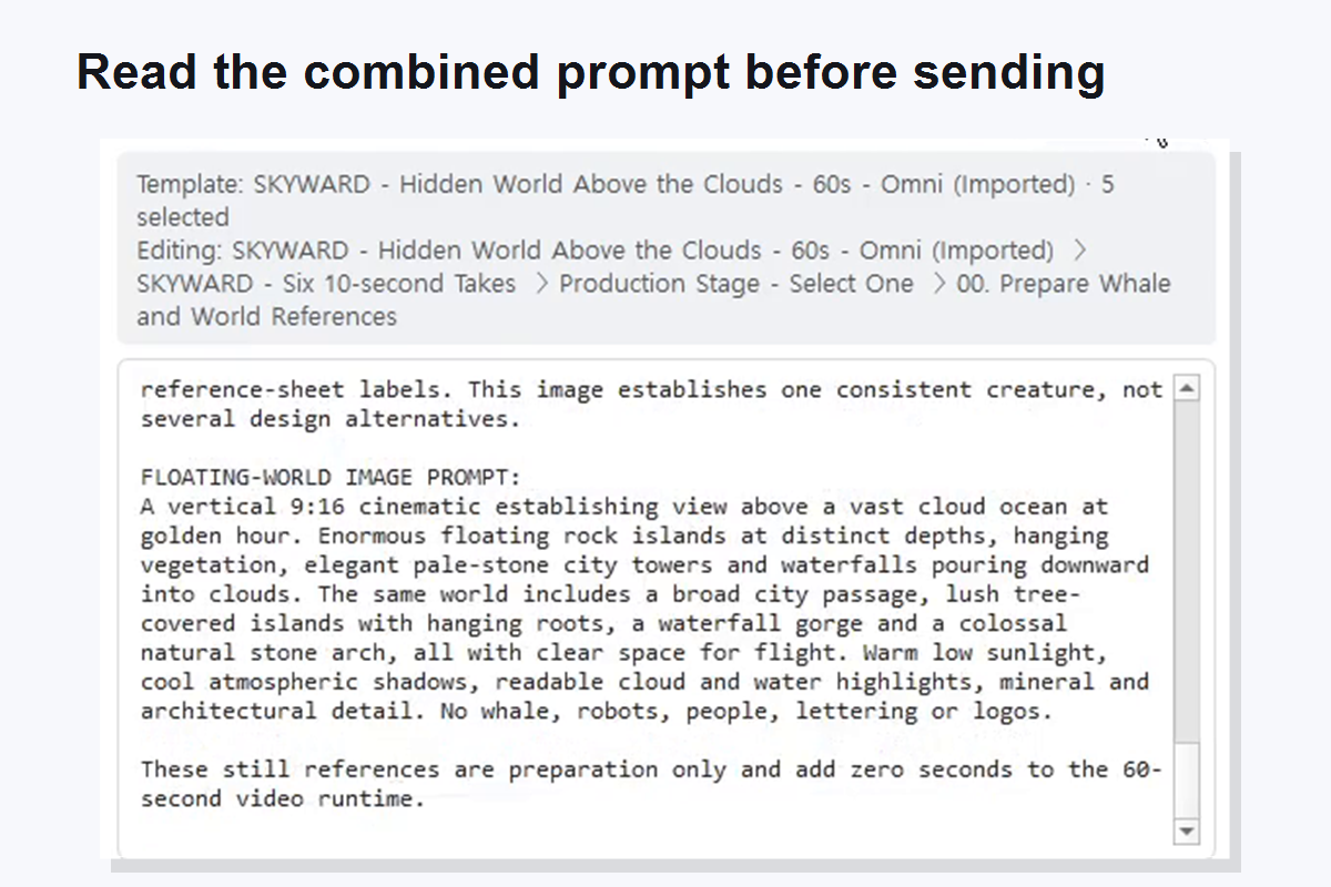 A combined AI video prompt preview assembled from selected project and production-stage instructions.