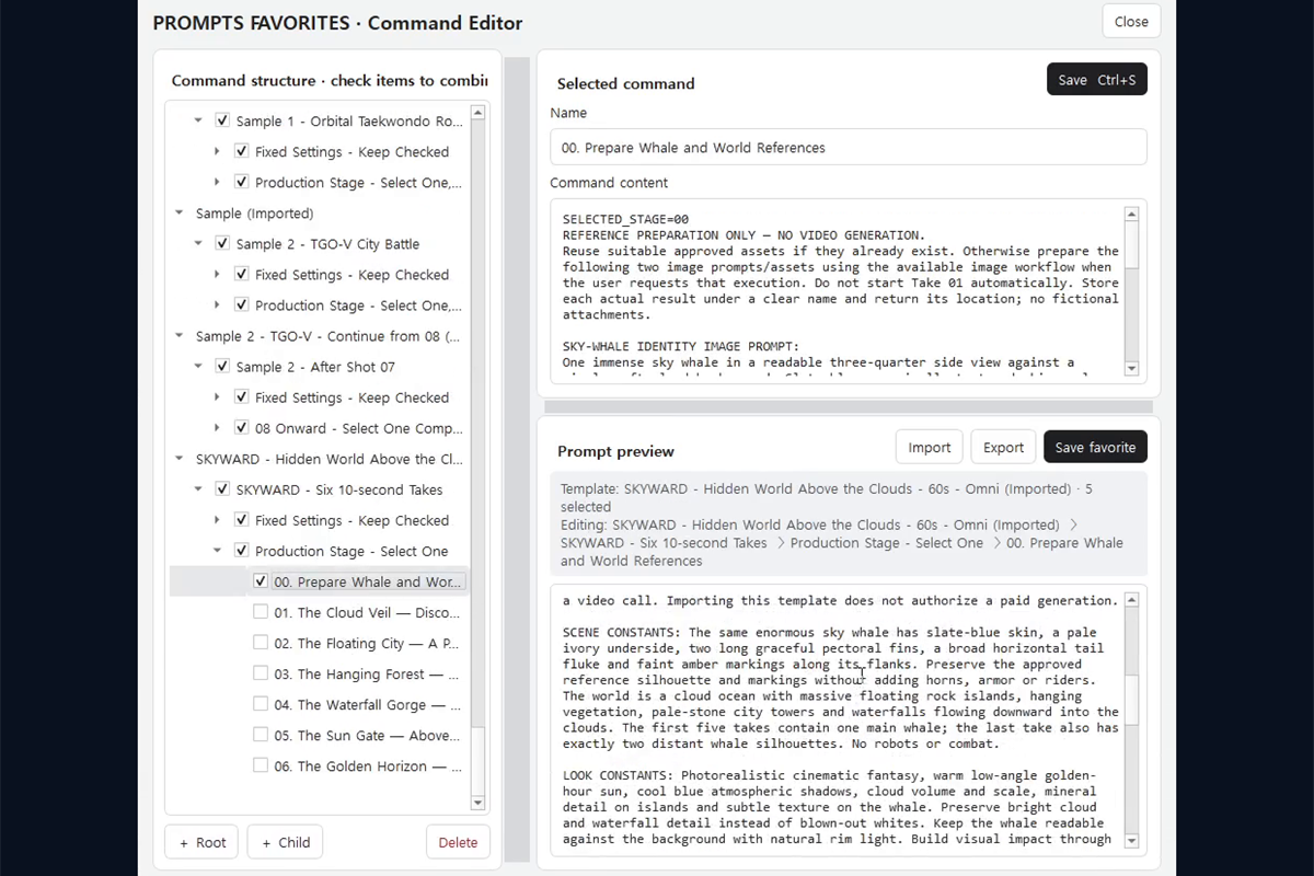 Selected continuity blocks and the assembled prompt preview in the PROMPTS FAVORITES editor.