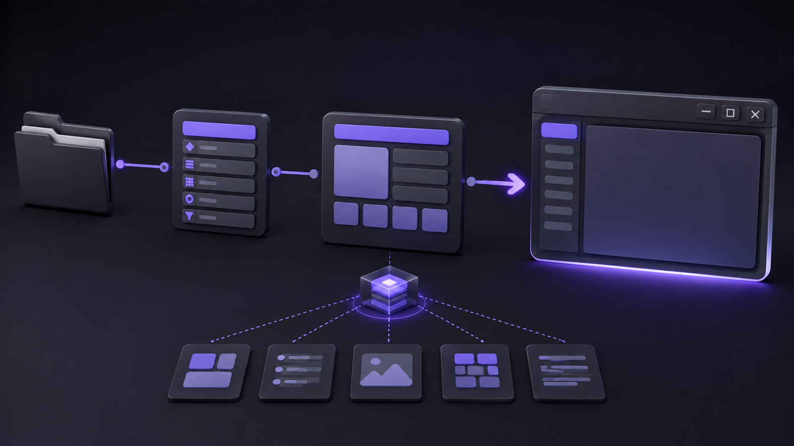 Saved modular workflow leading through a combined preview to a selected Windows target.
