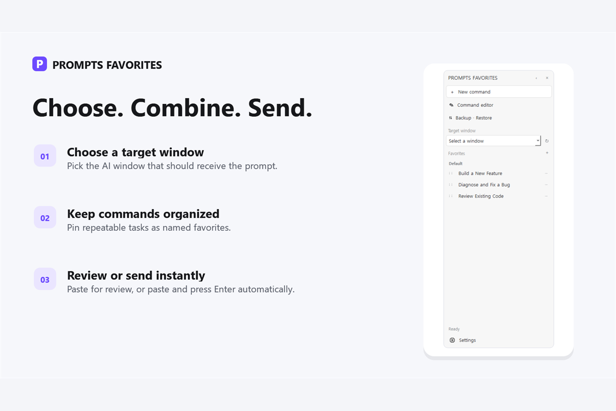 PROMPTS FAVORITES workflow for choosing, combining, and sending prompt instructions