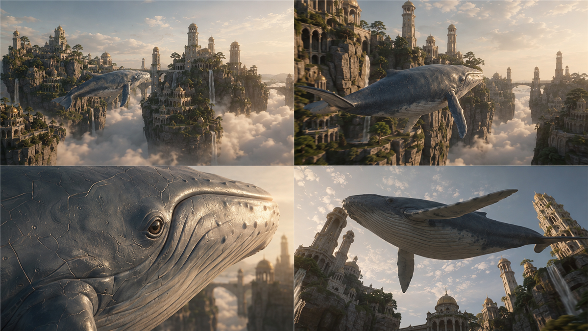 Four cinematic shot variations that preserve the same gray sky whale and floating-city world