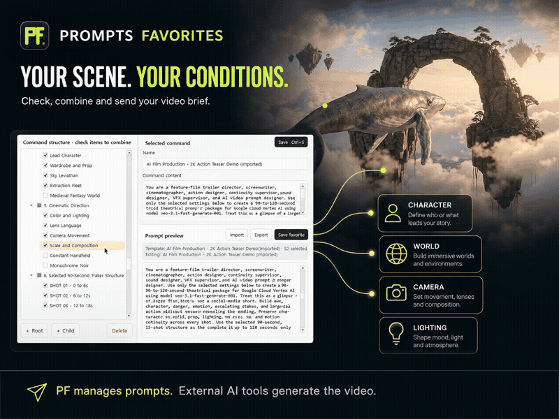 Animated PROMPTS FAVORITES workflow demonstration